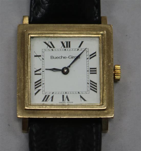 A 9ct gold Bueche Girod square cased manual wind dress wrist watch.